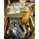 One box of miscellaneous china, glass and other sundry wares to include a Rogaska cut glass bowl,