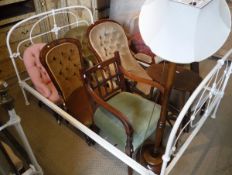 An assortment of furniture to include a Victorian salon chair with pale geen button back upholstery,