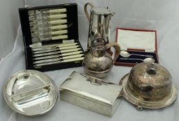 A collection of plated wares to include two water jugs, muffin dish,