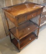 A pair of three tier bedside tables with galleried tops with a single drawer above two further