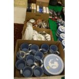 Four boxes of miscellaneous china wares to include a box of blue Wedgwood Jasperware,