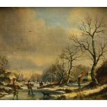 IN THE 19TH CENTURY DUTCH MANNER "Skaters on a frozen river", oil on board, unsigned,