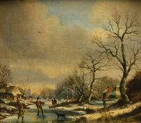 IN THE 19TH CENTURY DUTCH MANNER "Skaters on a frozen river", oil on board, unsigned,
