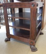 A pair of modern mahogany tables with tiered shelves,