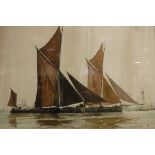 BRIAN C LANCASTER "Becalmed", Thames barges scene, watercolour heightened with white,