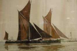 BRIAN C LANCASTER "Becalmed", Thames barges scene, watercolour heightened with white,