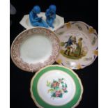 A set of five Copeland floral decorated dessert plates with a green gilt banded rim,