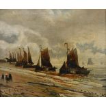G H PARKER "Beached fishing boats with figures in foreground", oil on canvas,