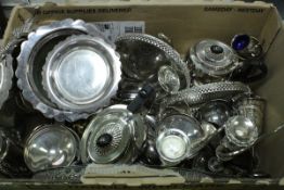 A box of assorted plated wares to include salver, candlesticks, goblets,