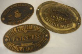 Three brass wall plaques to include "William Crossland Limited" Patentees,