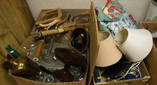 Four boxes of assorted china and glass wares to include Limoges plate, vintage tennis racquets,