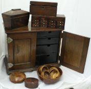 Assorted treen wares to include a cedar lidded dish, mahogany two section tea caddy,