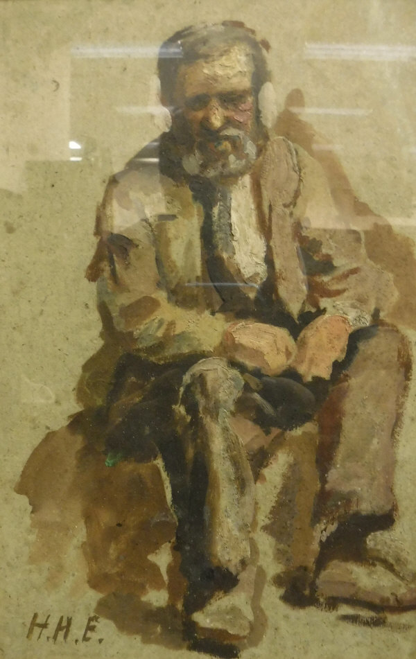 H H E "Seated bearded man", oil on paper, initialled lower left,