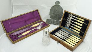 An oak cased early 20th Century plated bone-handled fruit knife and fork set,