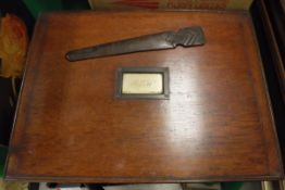 An Edwardian mahogany box with plaque inscribed "A E W - Xmas 1910", an oak stay busk/paperknife,