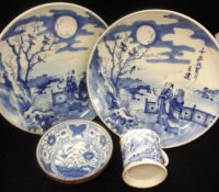 A pair of Chinese blue and white decorated plates with script to front and two figures,