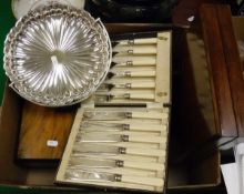 A box containing assorted plated wares to include ladles, fish knives and forks, etc,