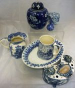 Assorted blue and white china wares to include Chinese ginger jar with prunus decoration and double