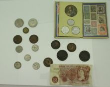 A collection of various coins of the realm, various eras, to include three cartwheel pennies,