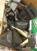 One box of assorted cameras and camera equipment to include a Canon AOS650 camera etc and a box of