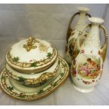 A Copeland lidded tureen and a serving plate decorated with armorial amongst flowers on vine on