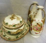 A Copeland lidded tureen and a serving plate decorated with armorial amongst flowers on vine on
