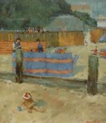 NIGEL CASSELDINE "The wind break", beach scene with figures, oil on gesso,