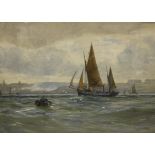 DAVID GOULD GREEN "Coastal lanscape with fishing boats and tender in the foreground",