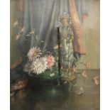 W PASCOE "Oriental deity and flowers in pot", still life study, oil on canvas,