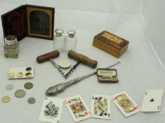 A collection of various seals, corkscrews, one inscribed "Harvey's Hunting Port",