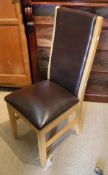 Four modern brown leather oak framed dining chairs, two oak high chairs,