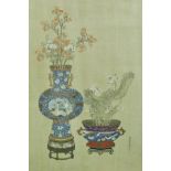 19TH CENTURY CHINESE SCHOOL "Blossom in cloisonné vases", watercolour gouache with gilt highlights,