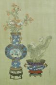 19TH CENTURY CHINESE SCHOOL "Blossom in cloisonné vases", watercolour gouache with gilt highlights,