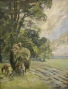 20TH CENTURY ENGLISH SCHOOL "Harvest time with figures in hay cart in the foreground",