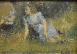 RONALD OSSORY DUNLOP (1894-1973) "Study of figure in blue dress seated in a field", oil on board,