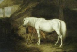 19TH CENTURY ENGLISH SCHOOL IN THE MANNER OF J F HERRING "Mare and foal in stableyard",