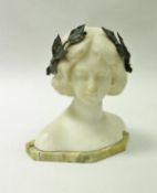 CIRCA 1900 ITALIAN SCHOOL "Bust of a young lady with bronze garland in her hair", alabaster,