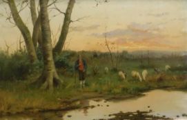 WILLIAM DOMMERSON (1850-1927) "Shepherd and sheep by water's edge at sunset", oil on canvas,