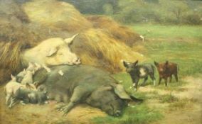 WILLIAM WEEKES (1856-1909) "Pigs and piglets", oil on canvas, signed lower right, 26.5 cm x 42.
