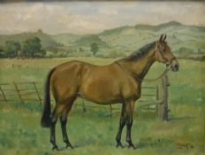 NIGEL LOVETT (20TH CENTURY) "Hunter in a field, hills rising in background", oil on canvas,