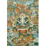 20TH CENTURY TIBETAN THANGKA "Seated Avalokitesvara, surrounded by figures and animals",