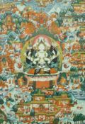 20TH CENTURY TIBETAN THANGKA "Seated Avalokitesvara, surrounded by figures and animals",