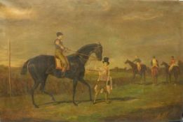 S ANDERSON (20TH CENTURY) IN THE MANNER OF HENRY ALKEN "Jockey on horse with trainer" oil,