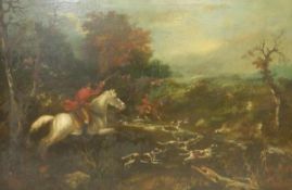 W YARNTON (19TH Century) "Huntsman and hounds at a river", oil on canvas, unsigned,