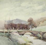 SAMUEL JOHN LAMORNA BIRCH (1869-1955) "River landscape with rolling hills to the background,