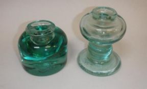 A Victorian green glass dump inkwell,