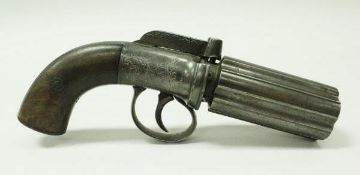 A 19th Century six barrel pepper pot pistol with walnut grip,