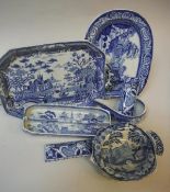 A collection of seven various items of blue and white transfer ware including Wedgwood two section