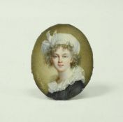 LOUISA CORSI "Young girl in bonnet", a head and shoulders portrait study, oval, miniature,