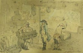 THOMAS ROWLANDSON (1756-1827) "Trunk shop - Mr W bargaining", pen and ink and watercolour,